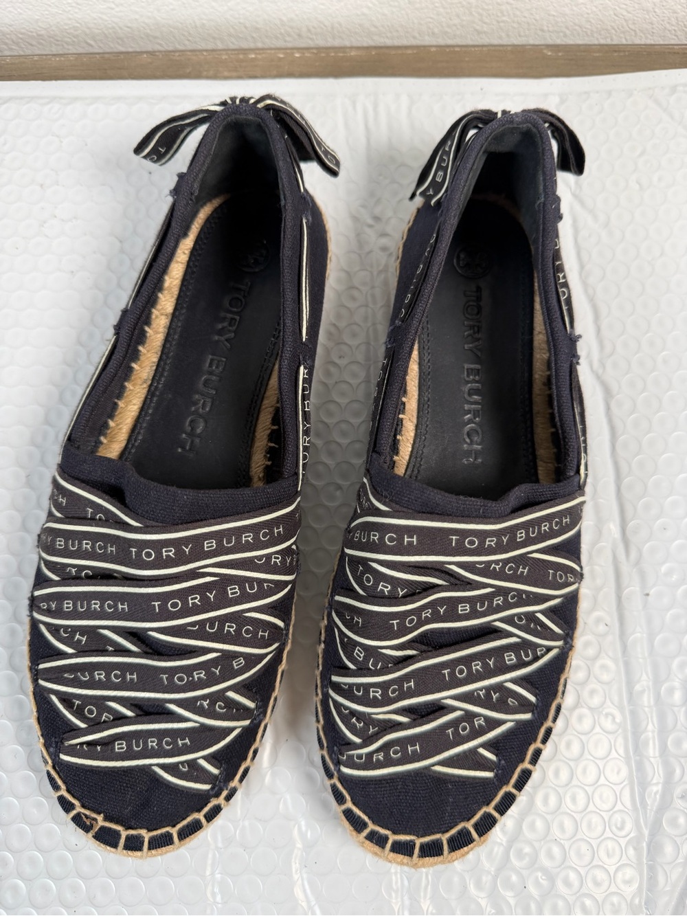 Tory Burch Women’s Navy Logo Ribbon Bow Espadrille Flats Slip-On Shoes Size 7